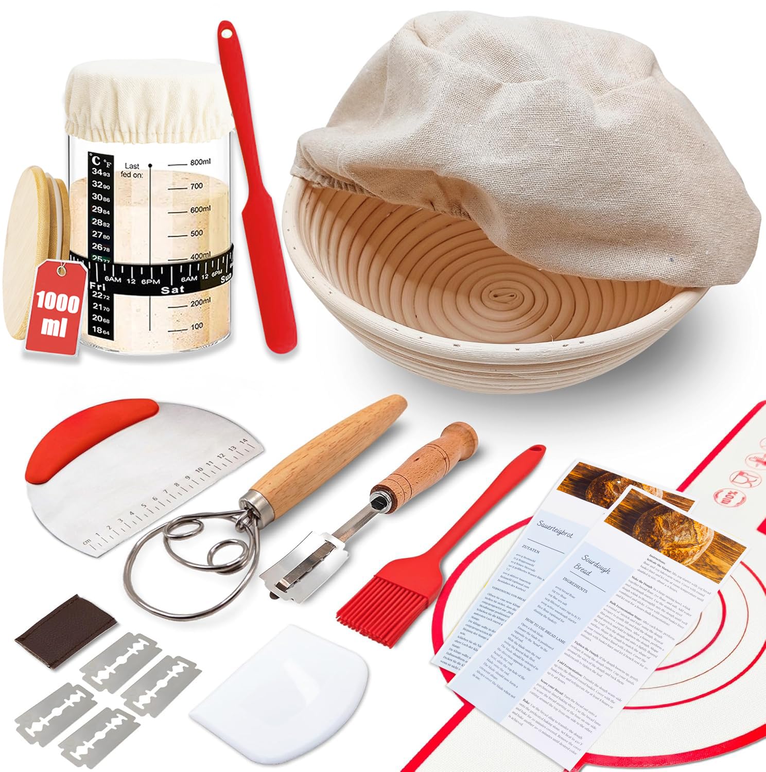 Handmade Eco-Friendly Banneton Proofing Basket & Sourdough Starter Kit