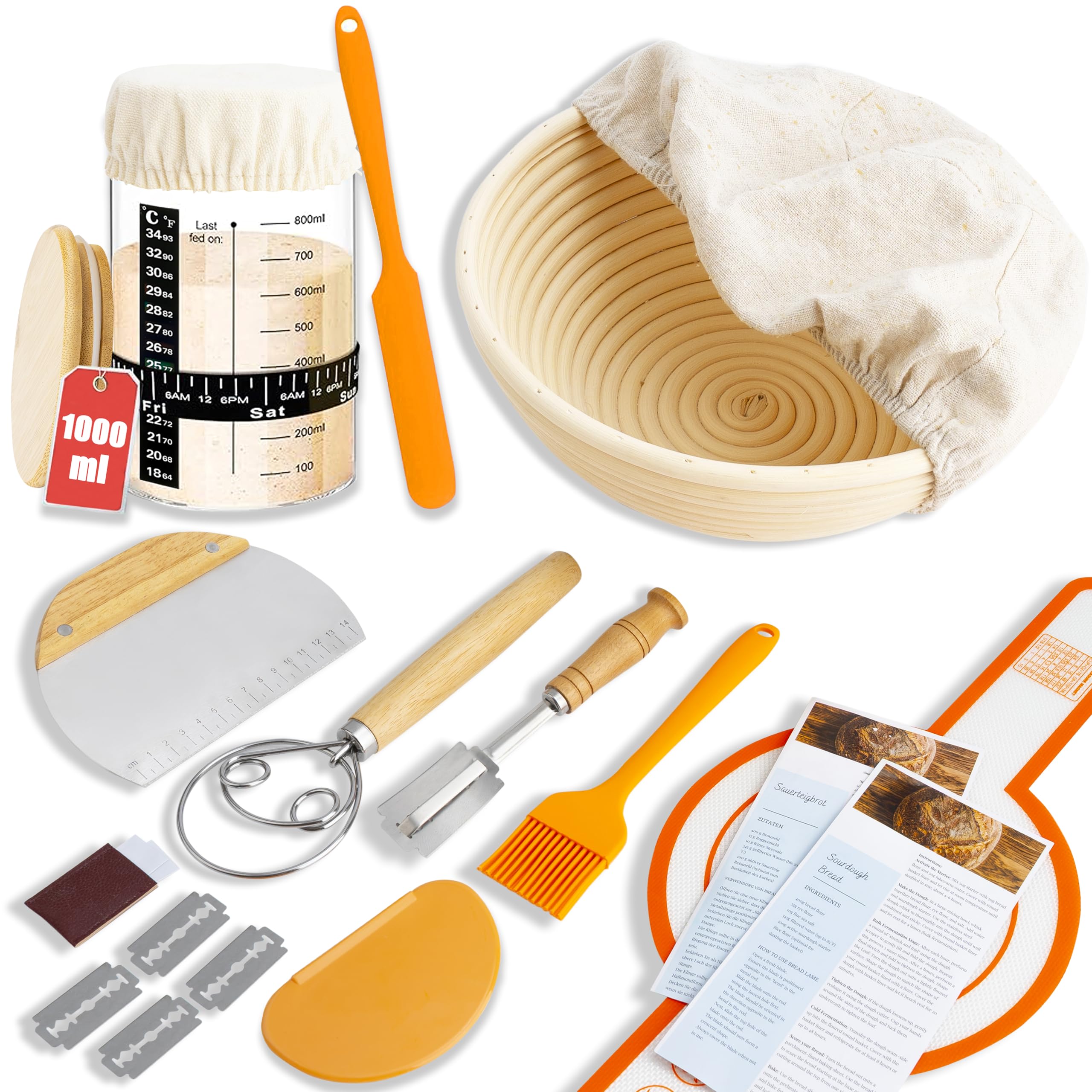 Handmade Eco-Friendly Banneton Proofing Basket & Sourdough Starter Kit